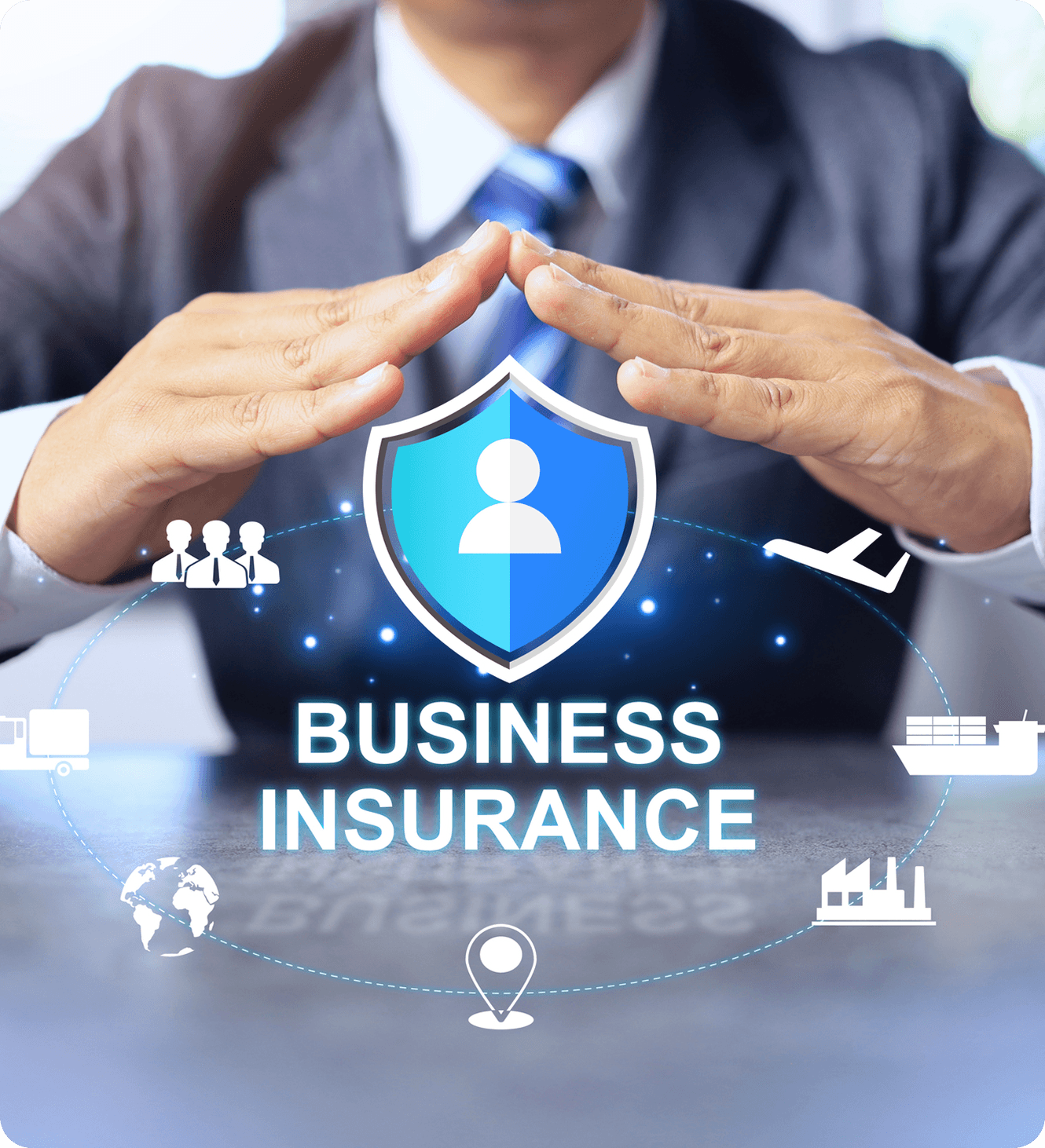 Business insurance concept with protective hands.