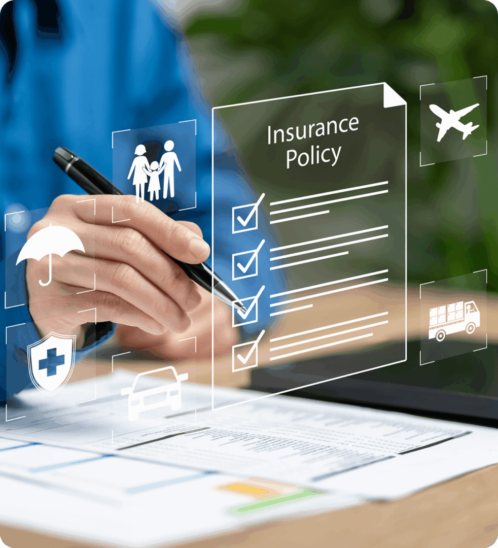 Hand writing insurance policy with icons overlay.